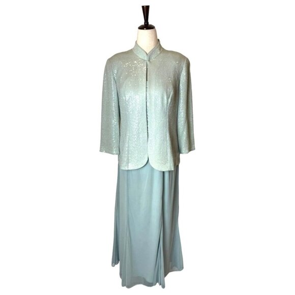 Alex Evenings Dress Women 8 Mint Green Tea Length Mandarin Neck Two Piece Jacket - Picture 1 of 12